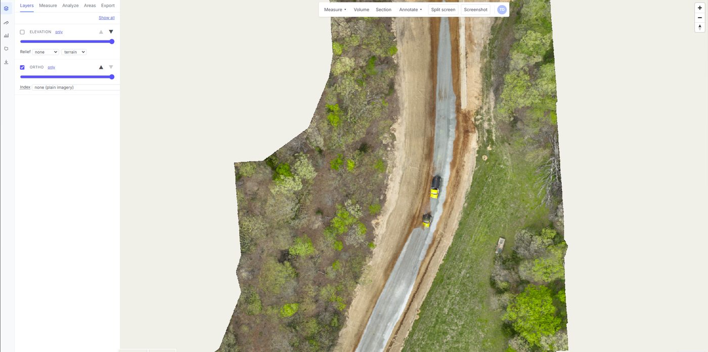 SkyView orthomosaic viewer on a county road construction project