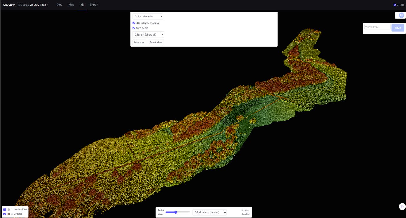 SkyView 3D point cloud with ground classification