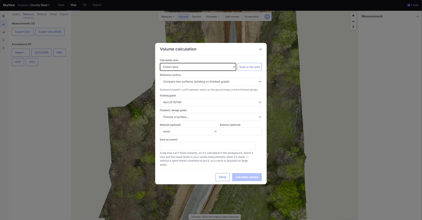 SkyView volume calculation with cut and fill takeoff
